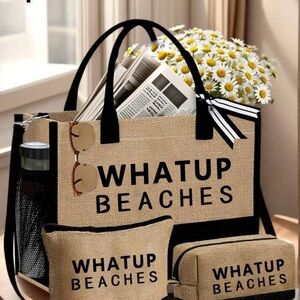 Whatup Beaches Natural Straw Tote Set with Black Trim